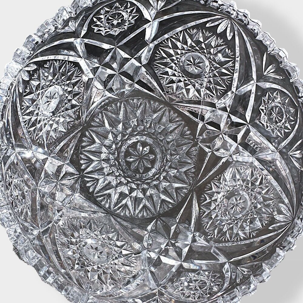 VTG ABP Unmarked Cut Glass Crystal Fruit Bowl Sawtooth Edge Starts 6.5” Heavy